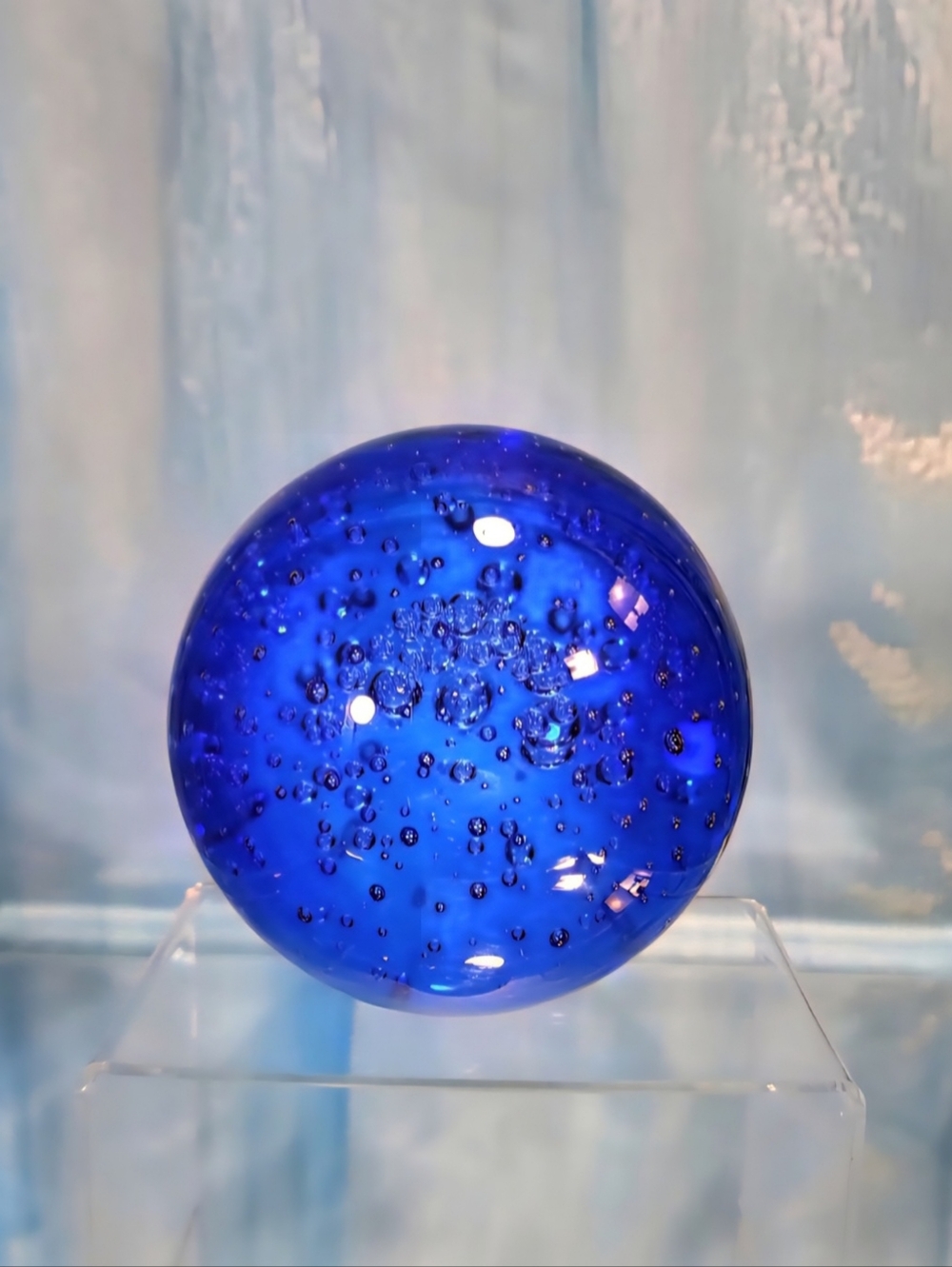 Mid-Century Cobalt Blue Godinger Silver Art Company Bullicante Blown Glass Orb